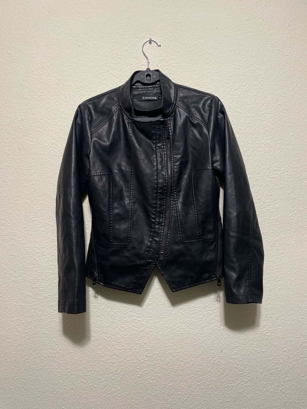 Tanming Women's Faux Leather Moto Jacket Black Size S